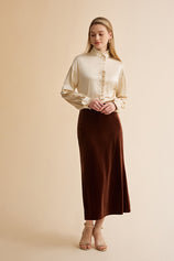 Womens Brown Velvet Maxi Skirt | CicyBell
