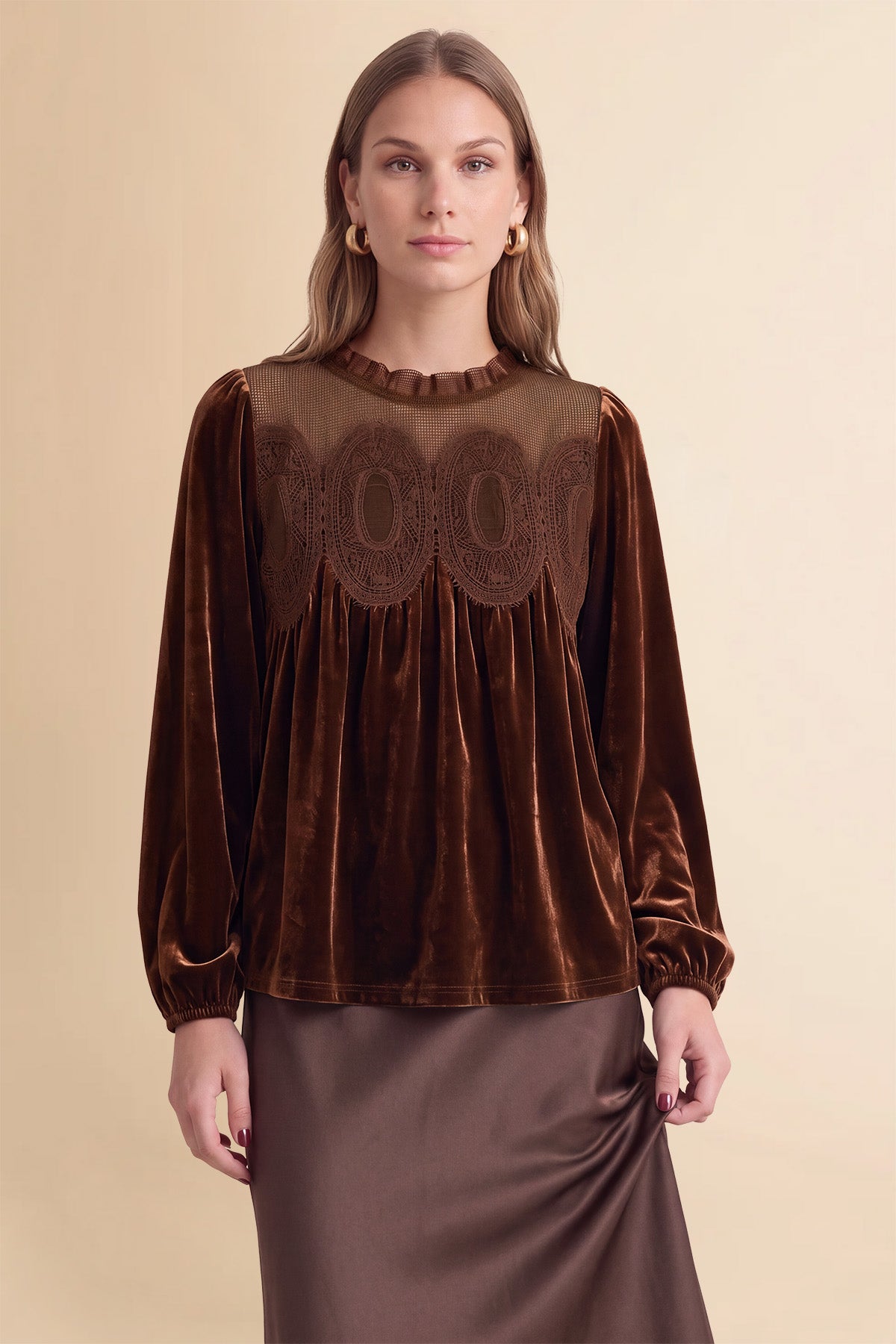 Womens Brown Velvet Babydoll Tops | CicyBell