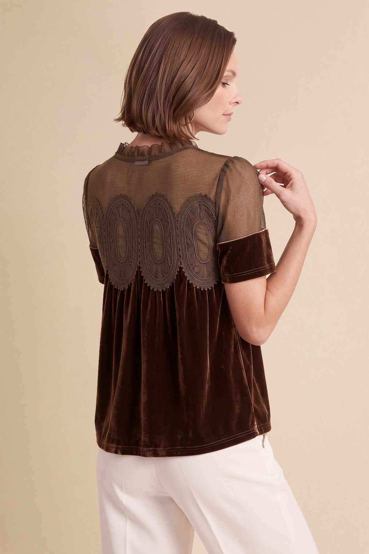 Womens Brown Velvet Lace Tops | CicyBell