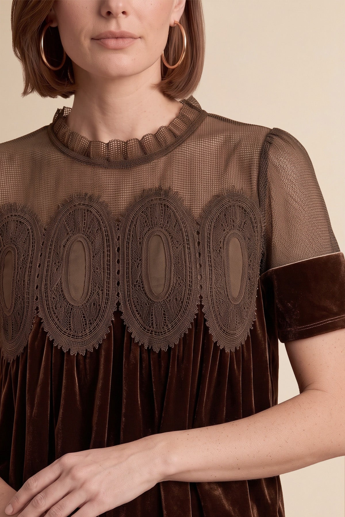 Womens Brown Velvet Lace Tops | CicyBell