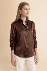 Womens Brown Ruffle Collar Satin Blouses | CicyBell