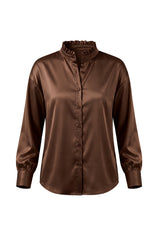 Womens Brown Ruffle Collar Satin Blouses | CicyBell