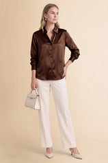 Womens Brown Ruffle Collar Satin Blouses | CicyBell