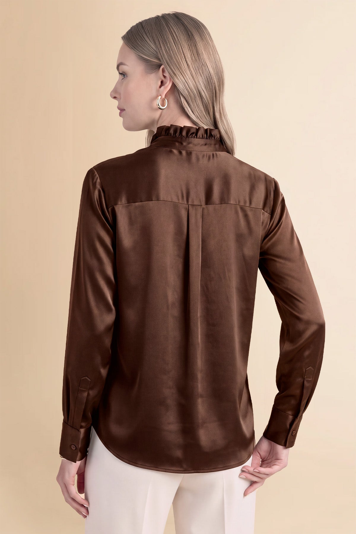 Womens Brown Ruffle Collar Satin Blouses | CicyBell
