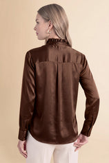 Womens Brown Ruffle Collar Satin Blouses | CicyBell