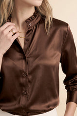 Womens Brown Ruffle Collar Satin Blouses | CicyBell
