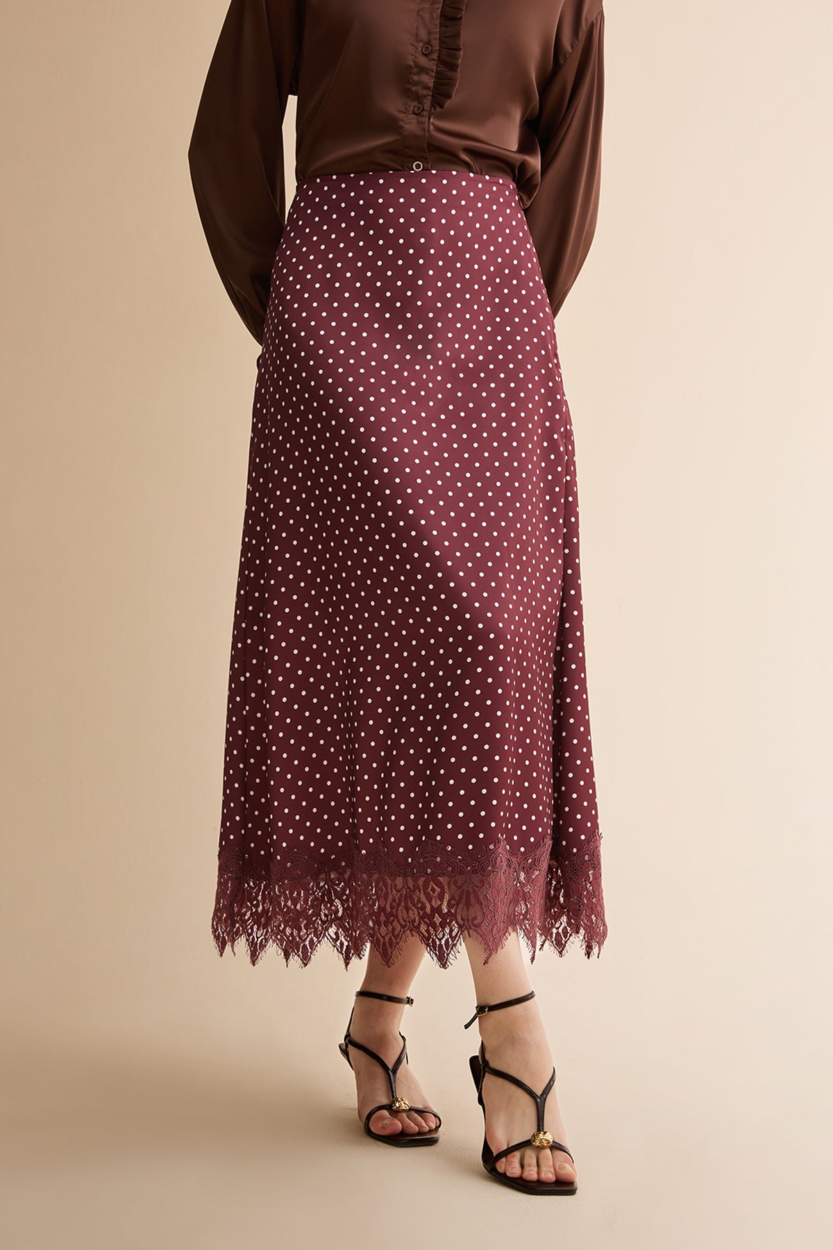 Womens Brown Polka Dot Satin Maxi Skirt | CicyBell