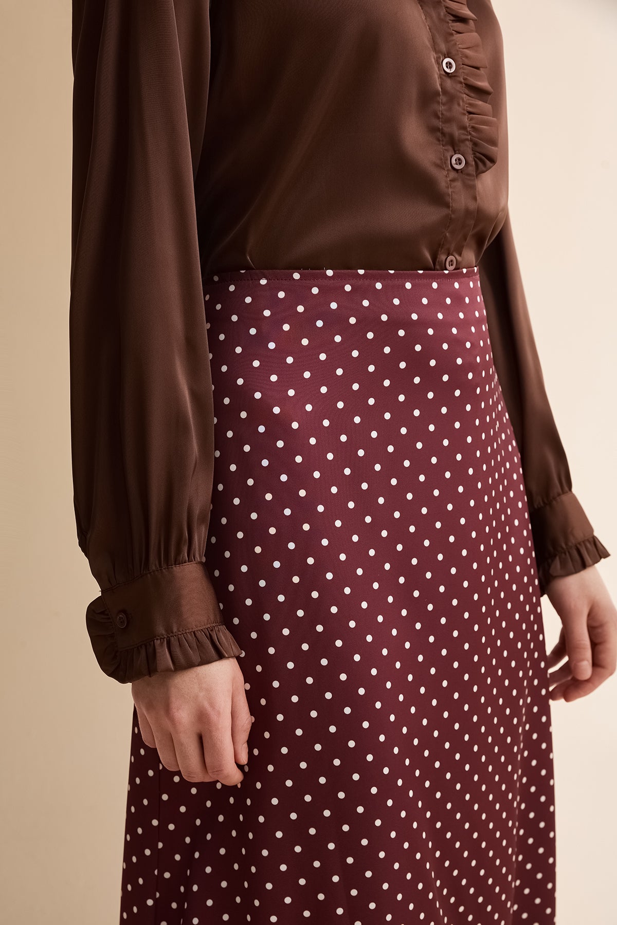 Womens Brown Polka Dot Satin Maxi Skirt | CicyBell