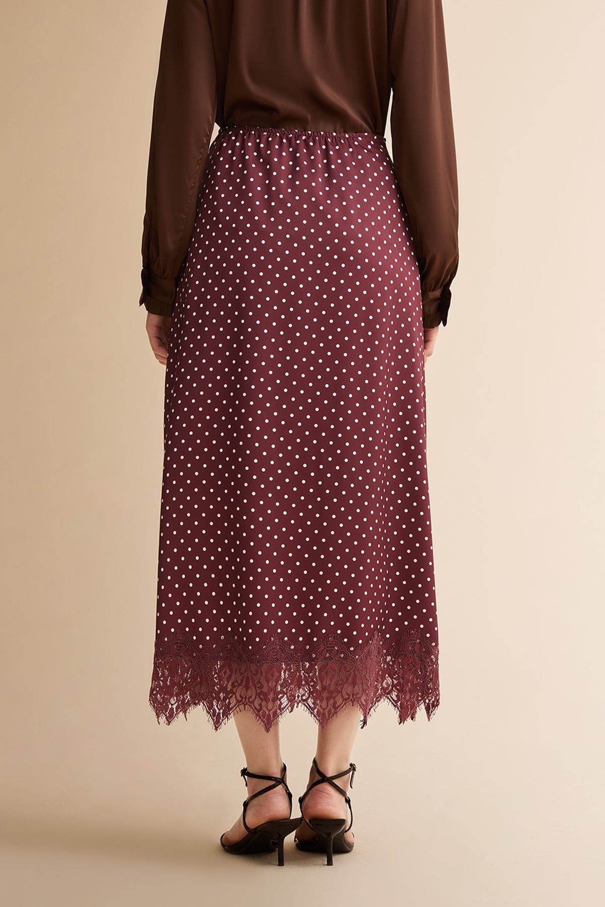Womens Brown Polka Dot Satin Maxi Skirt | CicyBell