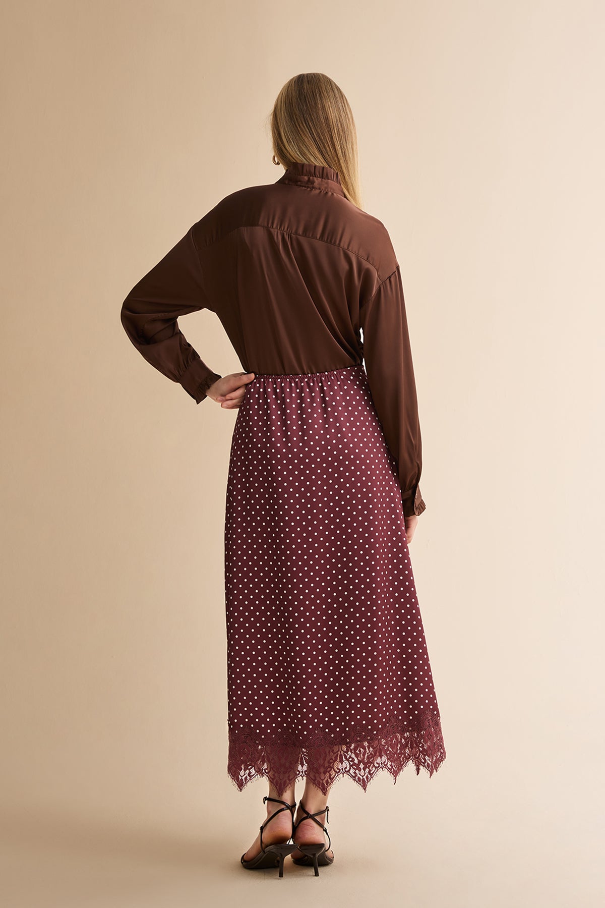 Womens Brown Polka Dot Satin Maxi Skirt | CicyBell