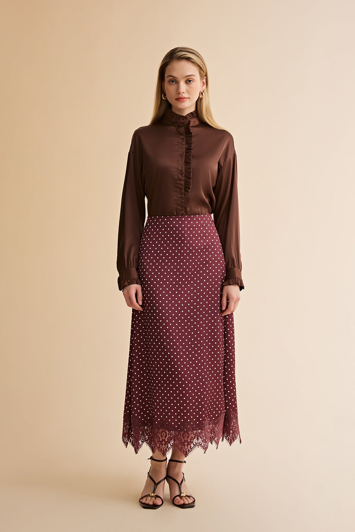 Womens Brown Polka Dot Satin Maxi Skirt | CicyBell