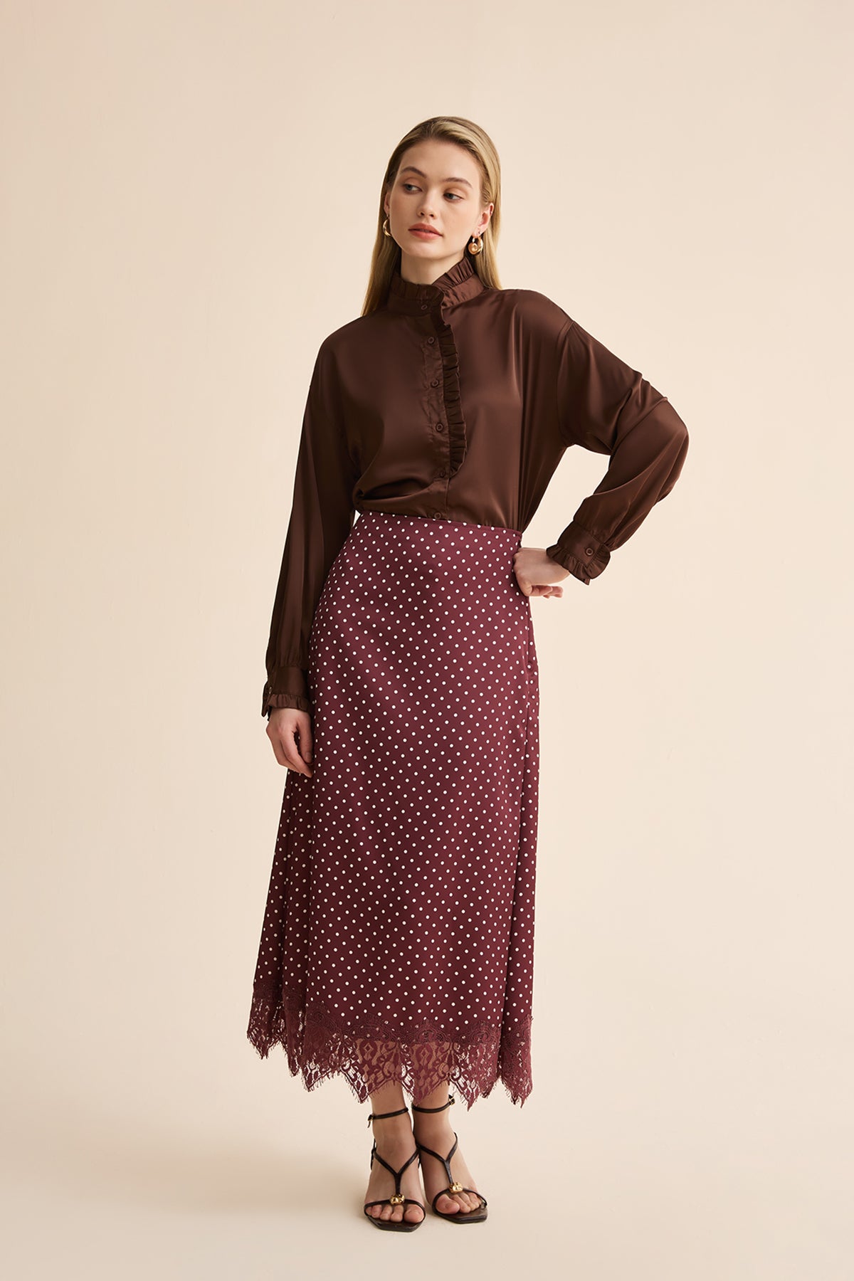 Womens Brown Polka Dot Satin Maxi Skirt | CicyBell