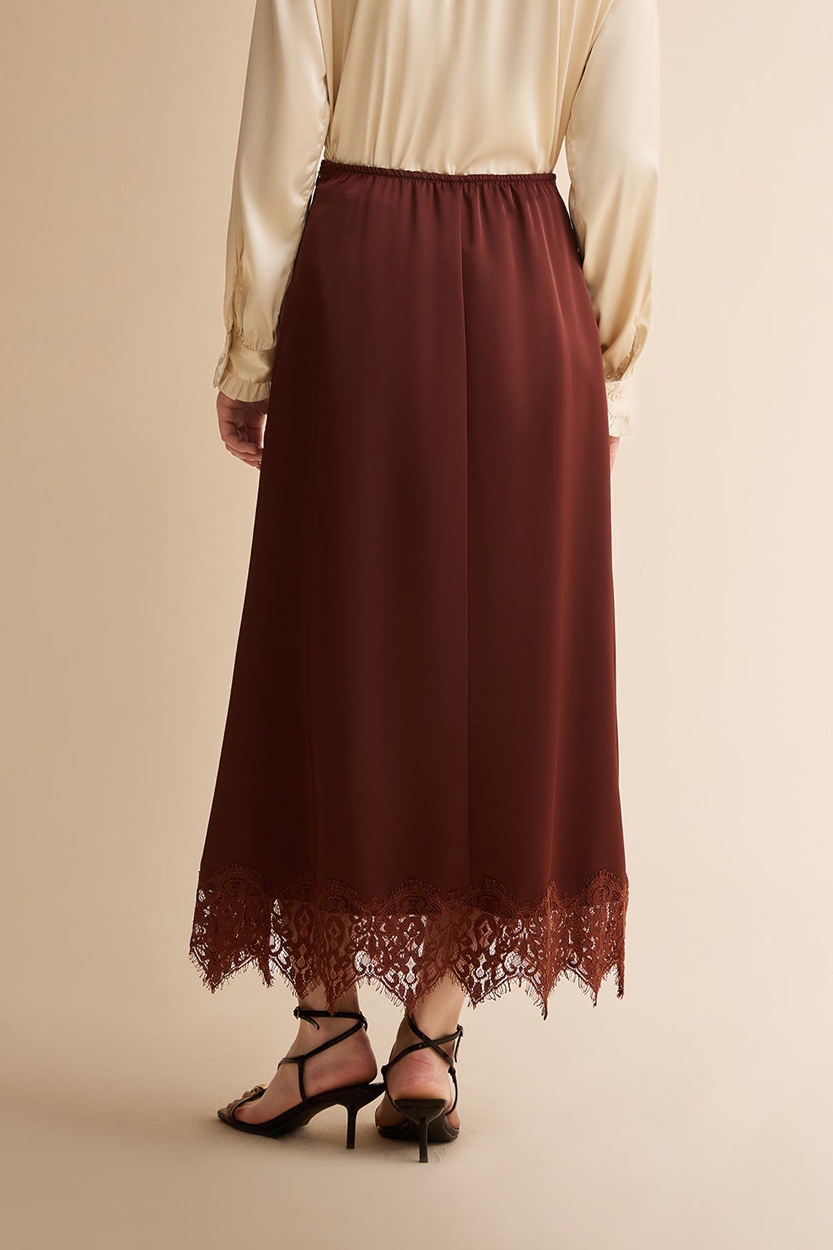 Womens Brown Lace Flowy Satin Skirts | CicyBell
