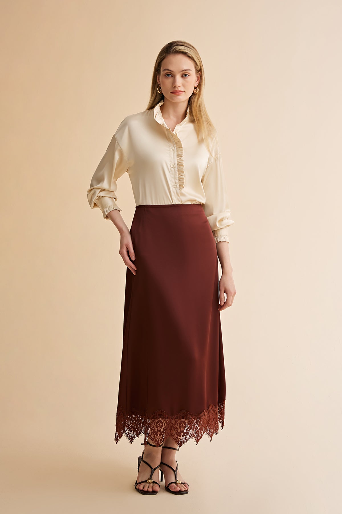 Womens Brown Lace Flowy Satin Skirts | CicyBell