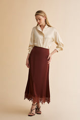 Womens Brown Lace Flowy Satin Skirts | CicyBell