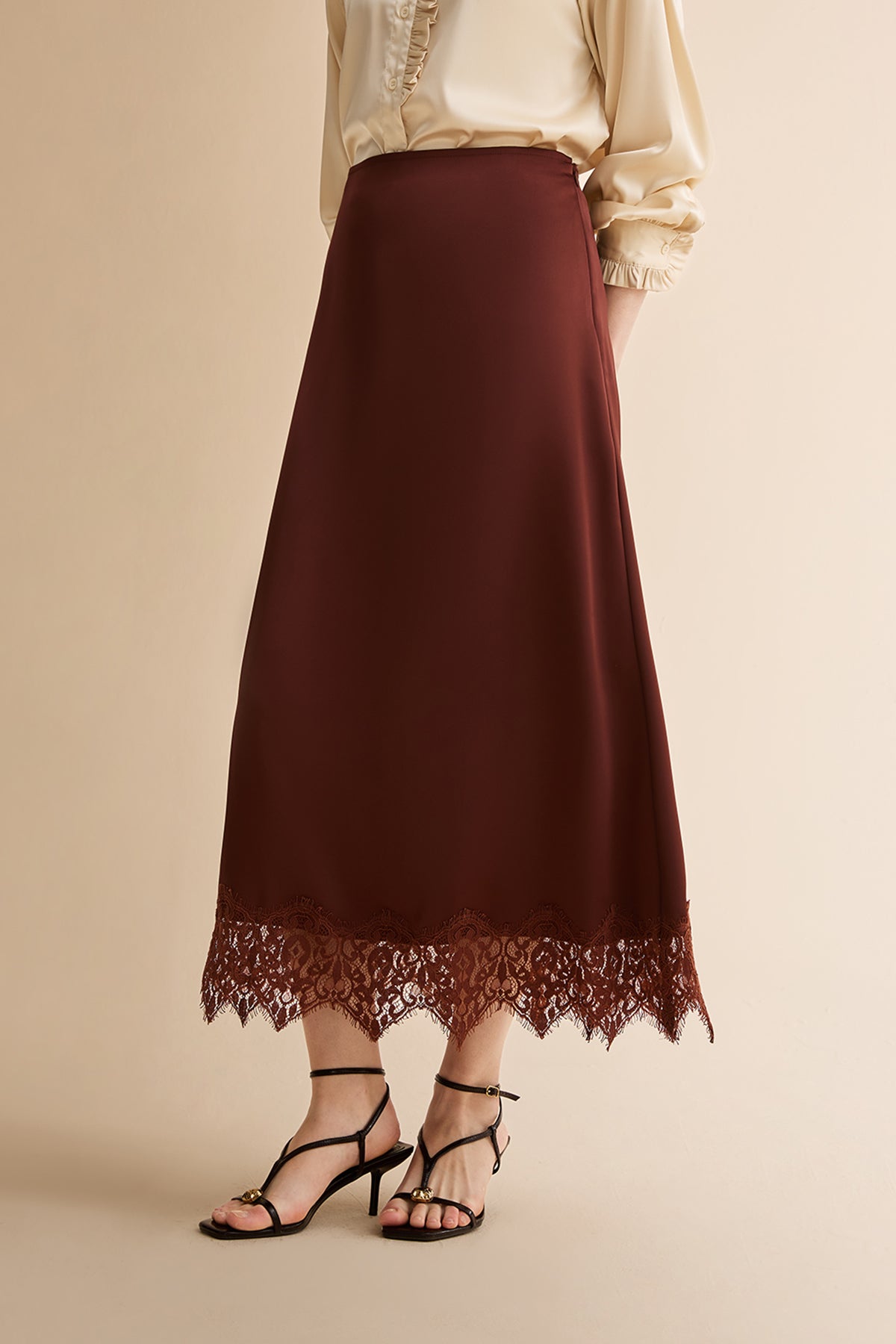 Womens Brown Lace Flowy Satin Skirts | CicyBell