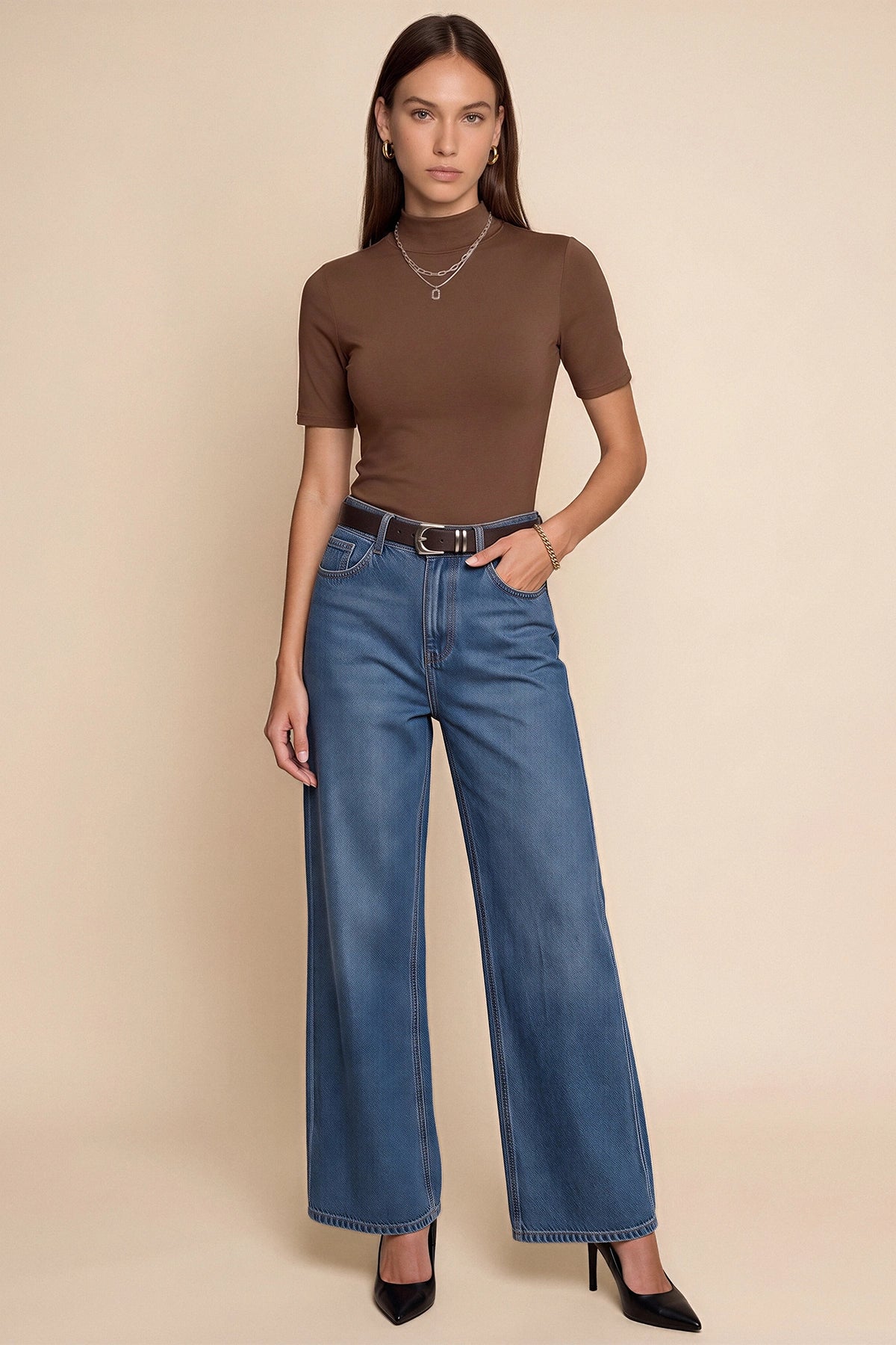 Womens Brown Mock Turtleneck Tops | CicyBell