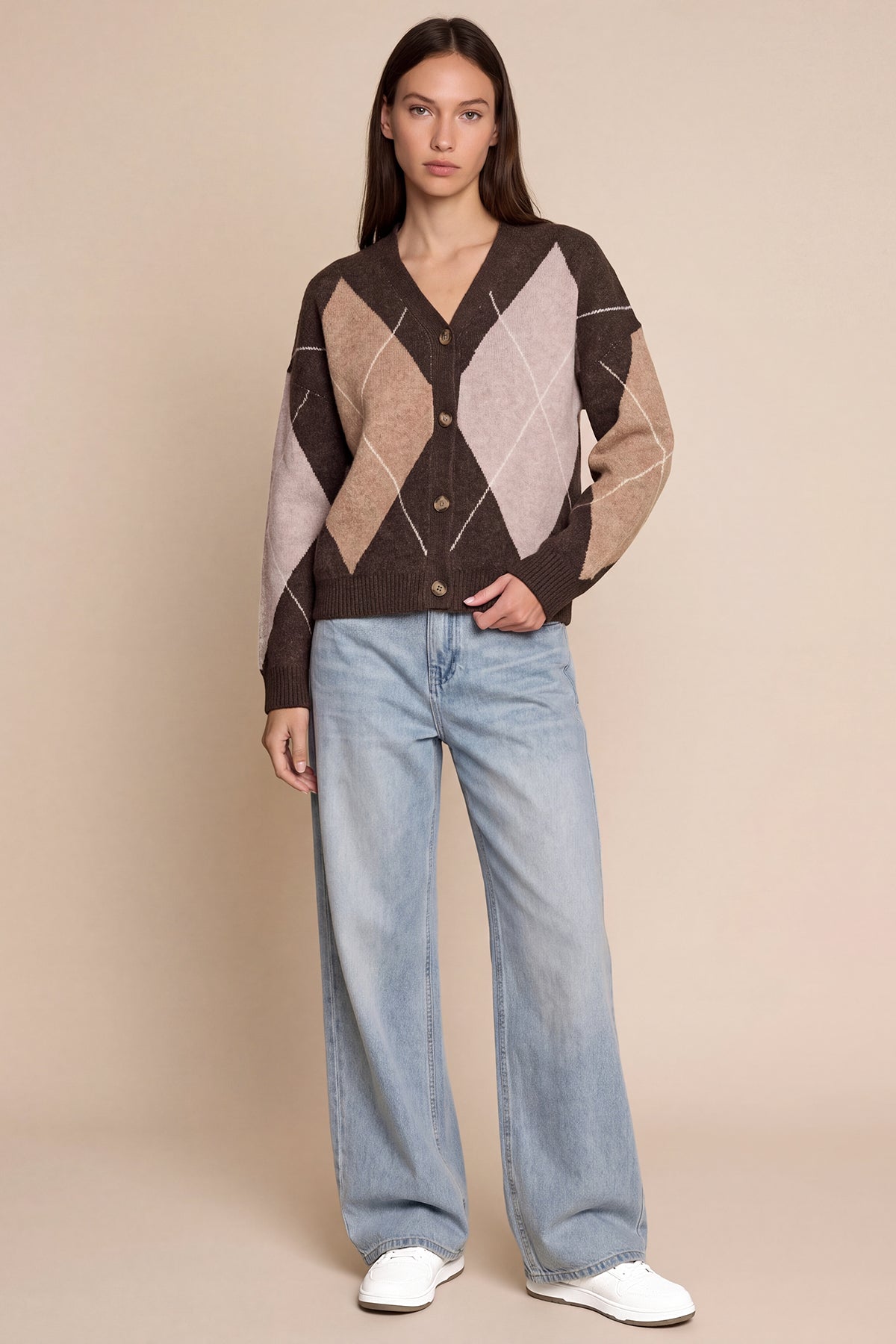 Women Brown Plaid Color Block Cardigan | CicyBell