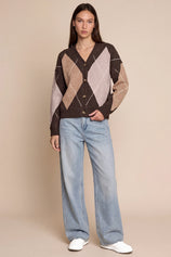 Women Brown Plaid Color Block Cardigan | CicyBell