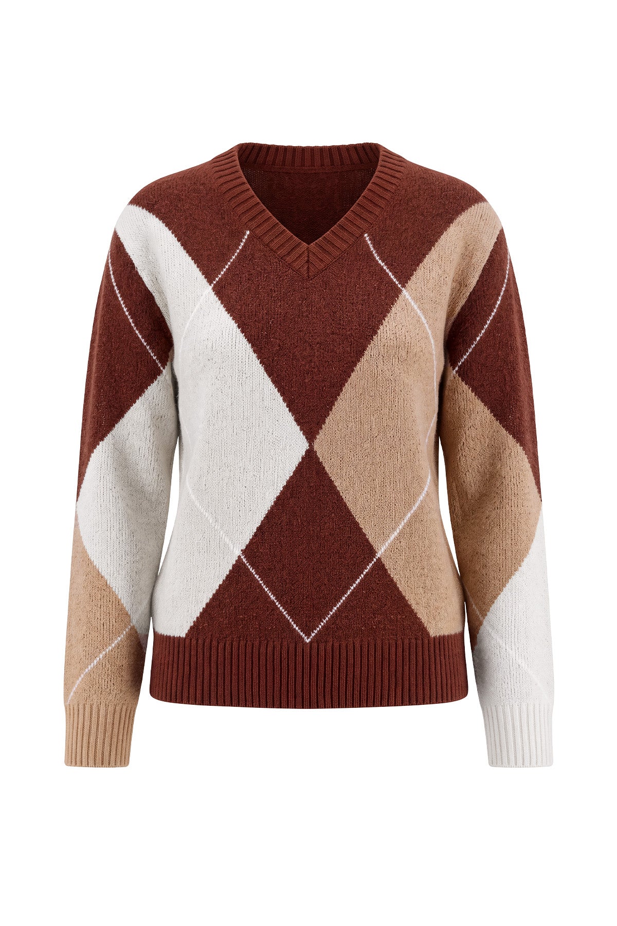 Womens Brown V Neck Argyle Sweaters| CicyBell