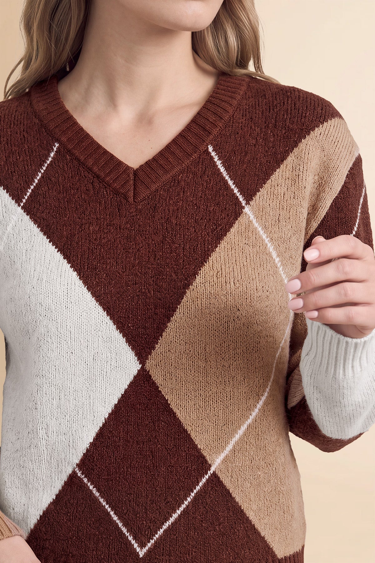 Womens Brown V Neck Argyle Sweaters| CicyBell