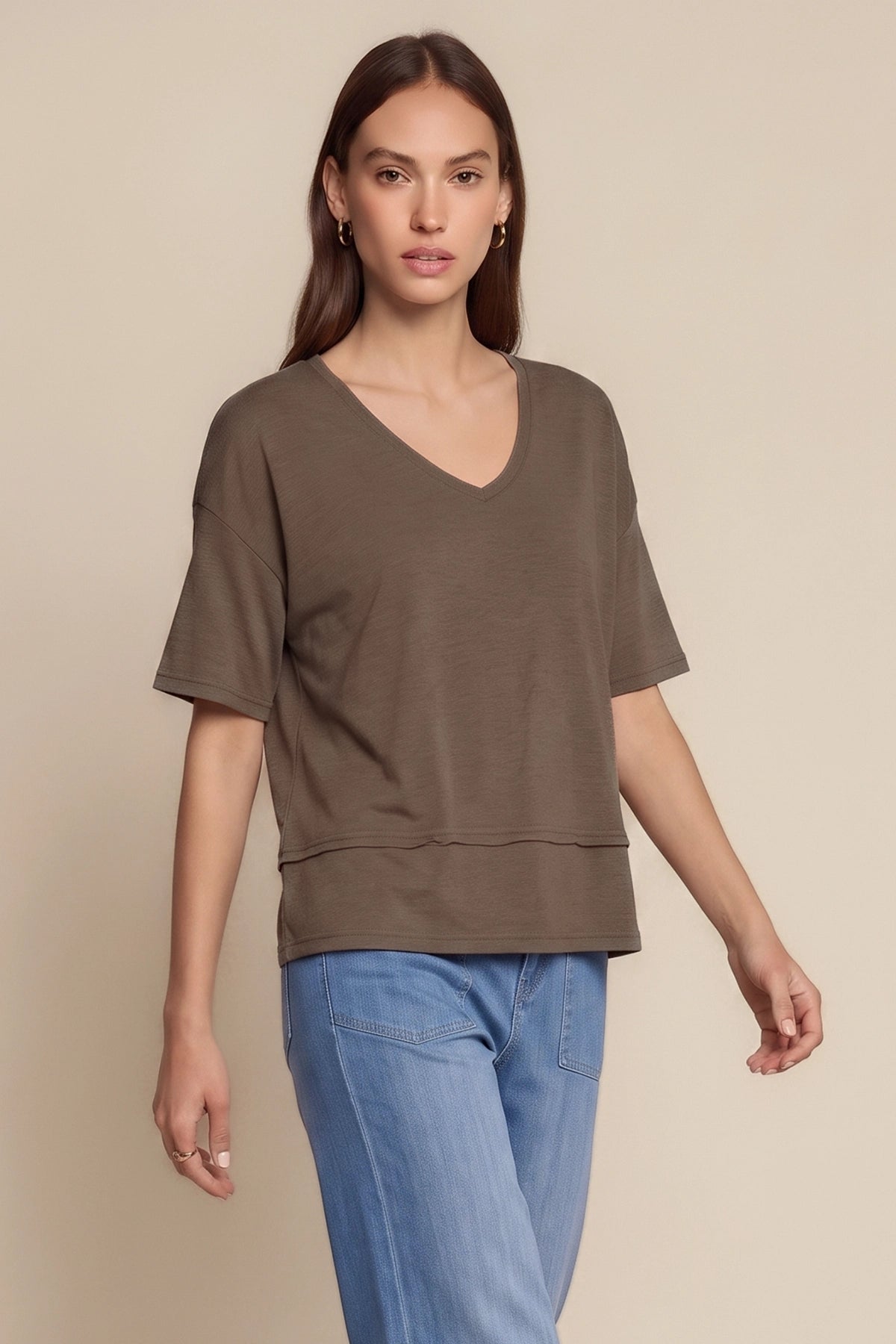 Womens Brown Summer V Neck T Shirts | CicyBell