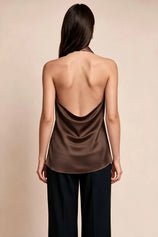 Women Brown Summer Satin Halter Tank Tops | CicyBell