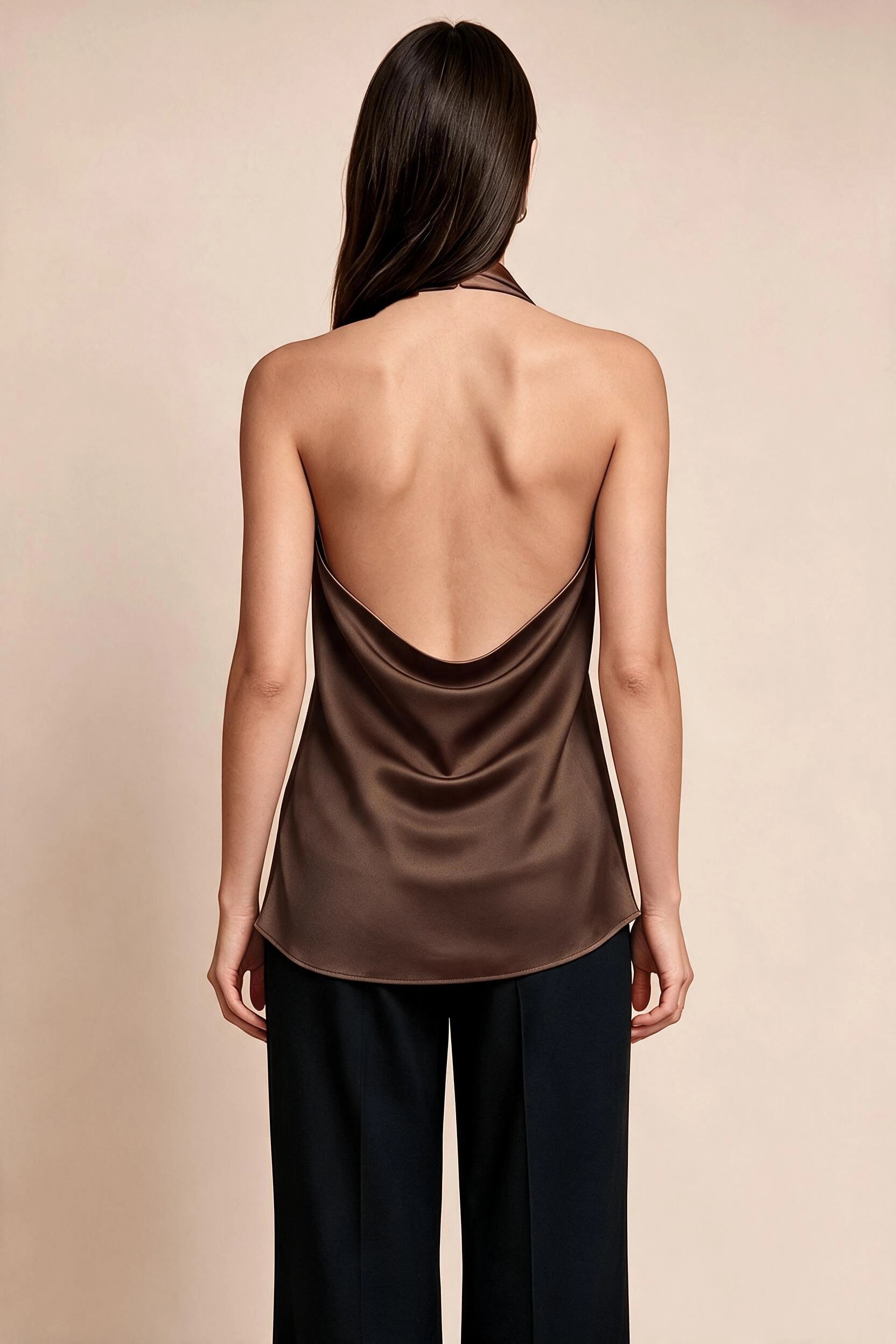 Women Brown Summer Satin Halter Tank Tops | CicyBell