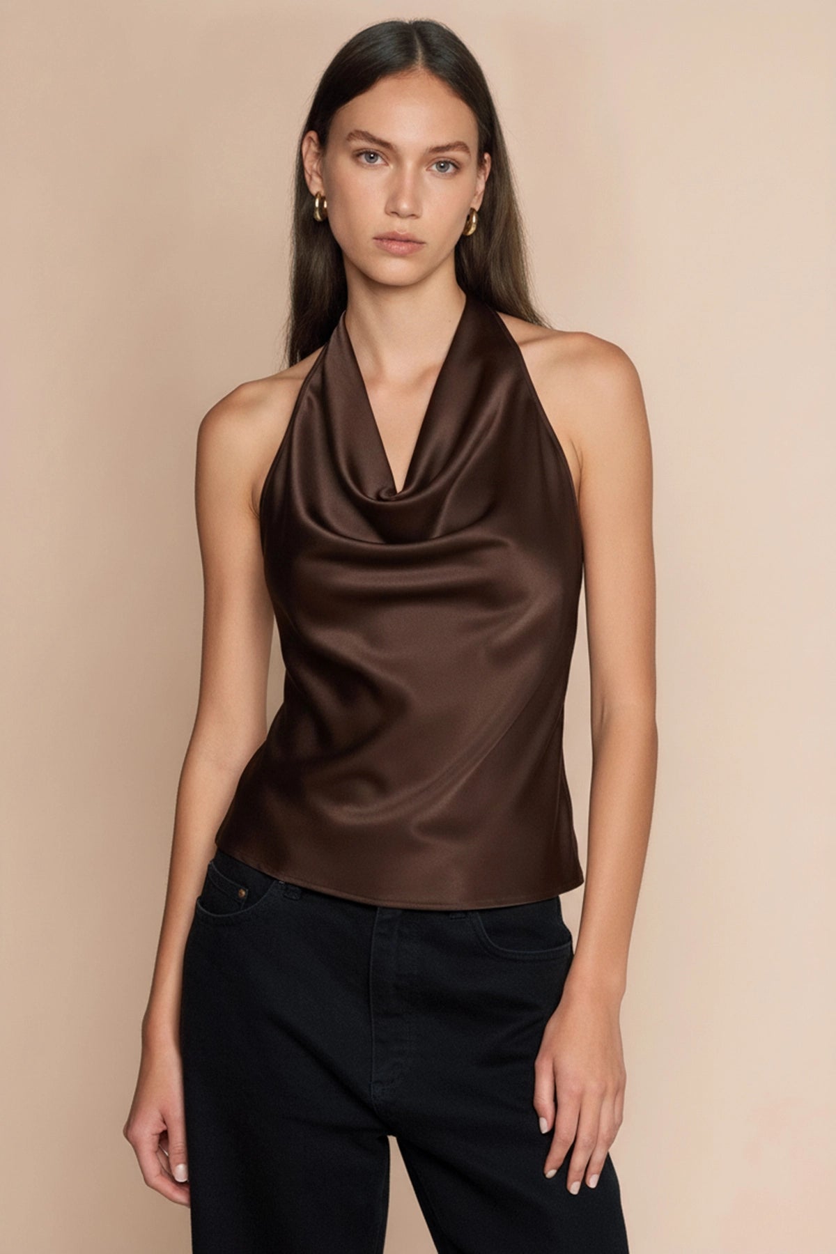 Women Brown Summer Satin Halter Tank Tops | CicyBell