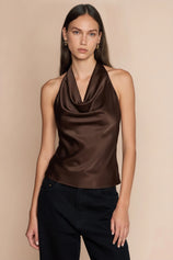Women Brown Summer Satin Halter Tank Tops | CicyBell