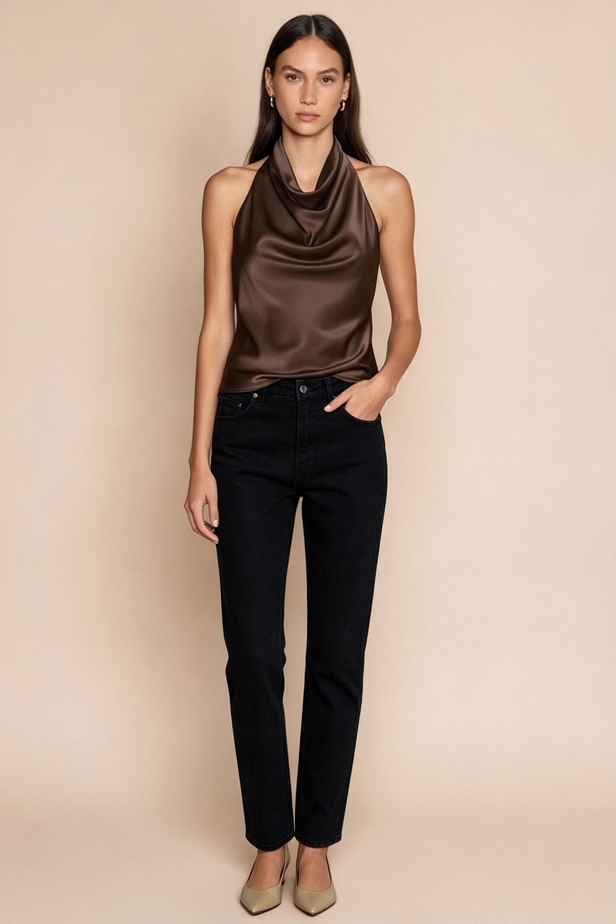 Women Brown Summer Satin Halter Tank Tops | CicyBell