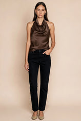 Women Brown Summer Satin Halter Tank Tops | CicyBell