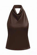 Women Brown Summer Satin Halter Tank Tops | CicyBell