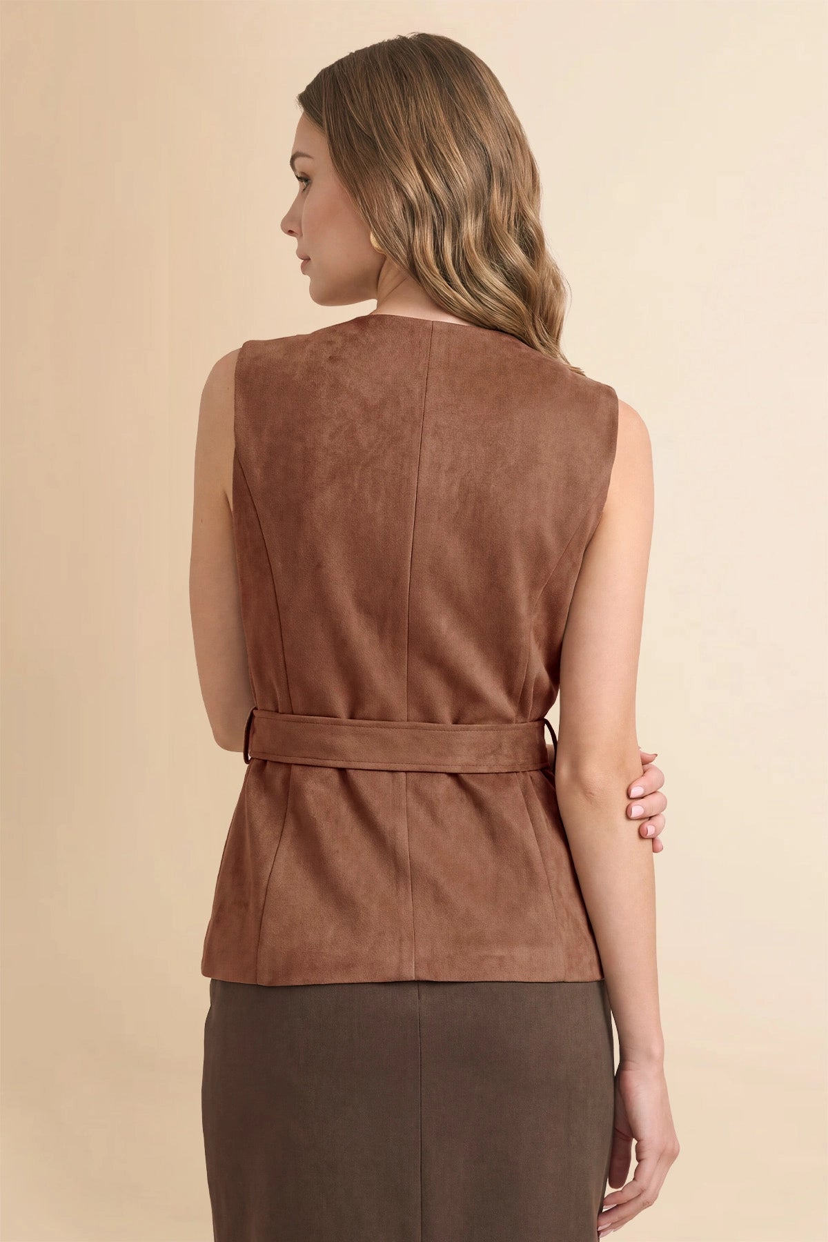 Womens Brown Suede Button Down Belted Vest | CicyBell