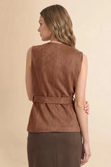 Womens Brown Suede Button Down Belted Vest | CicyBell