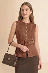 Womens Brown Suede Button Down Belted Vest | CicyBell