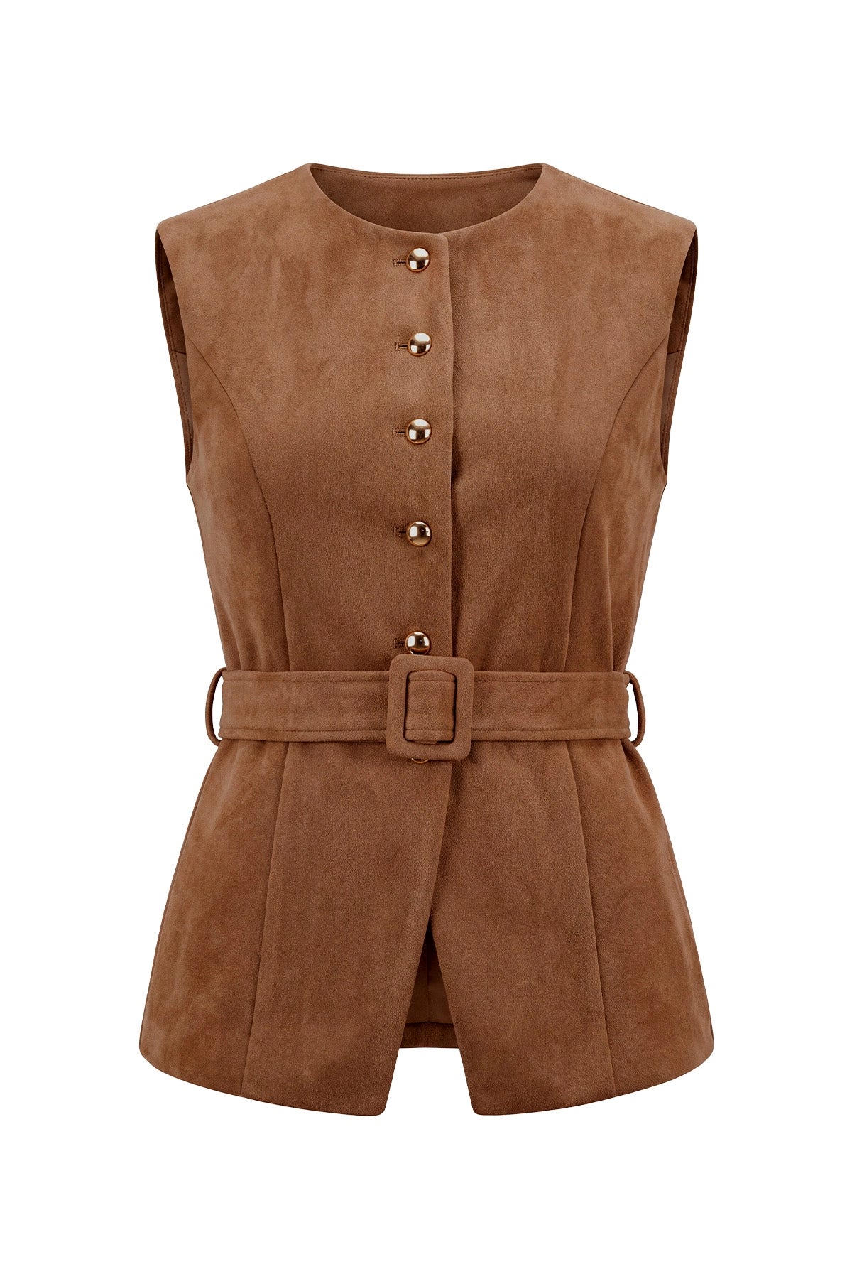 Womens Brown Suede Button Down Belted Vest | CicyBell