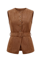Womens Brown Suede Button Down Belted Vest | CicyBell