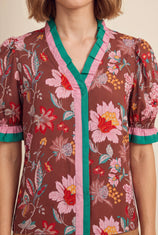 Womens Brown Floral Puff Short Sleeve Tops  | CicyBell
