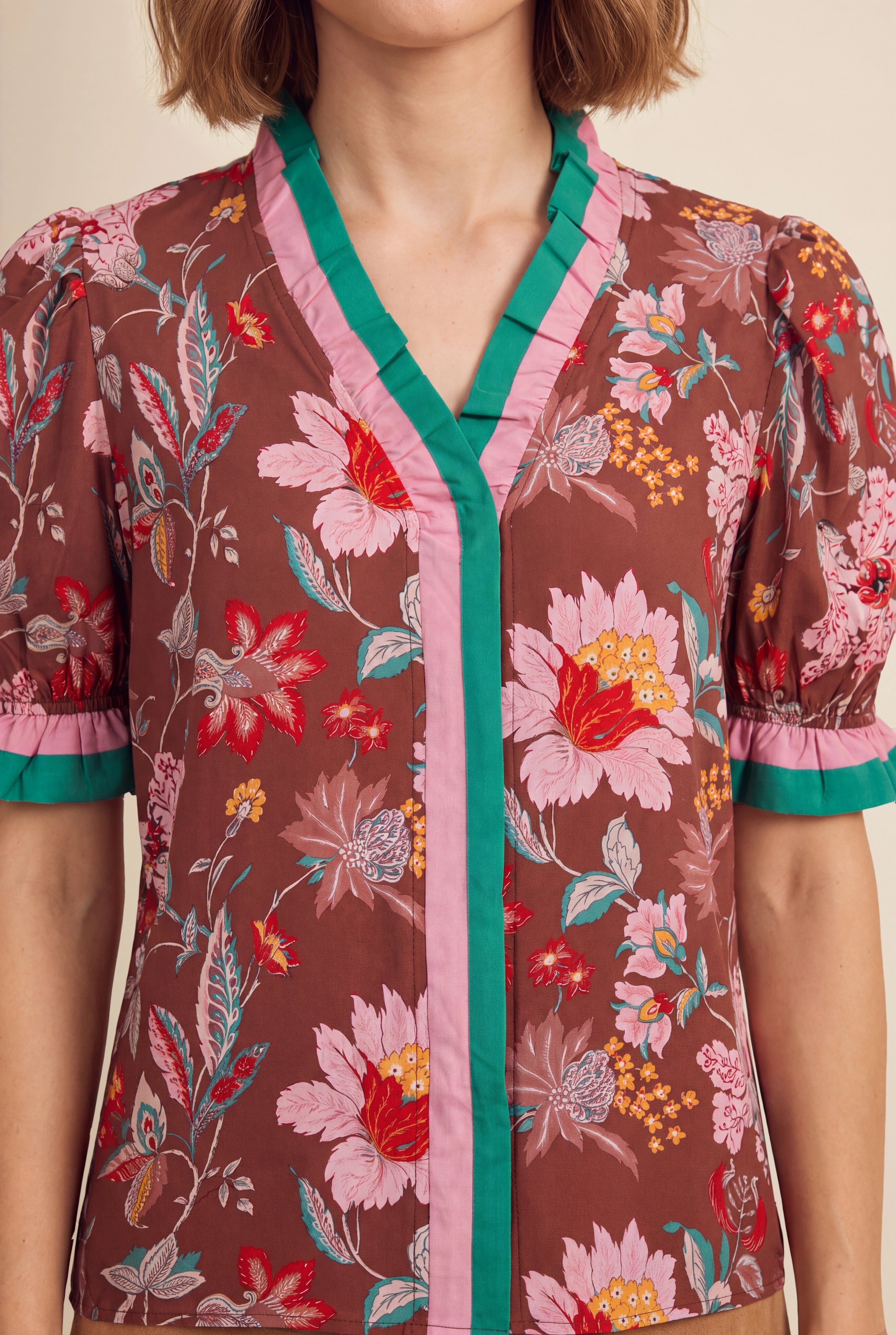 Womens Brown Floral Puff Short Sleeve Tops  | CicyBell