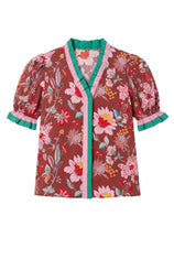 Womens Brown Floral Puff Short Sleeve Tops  | CicyBell