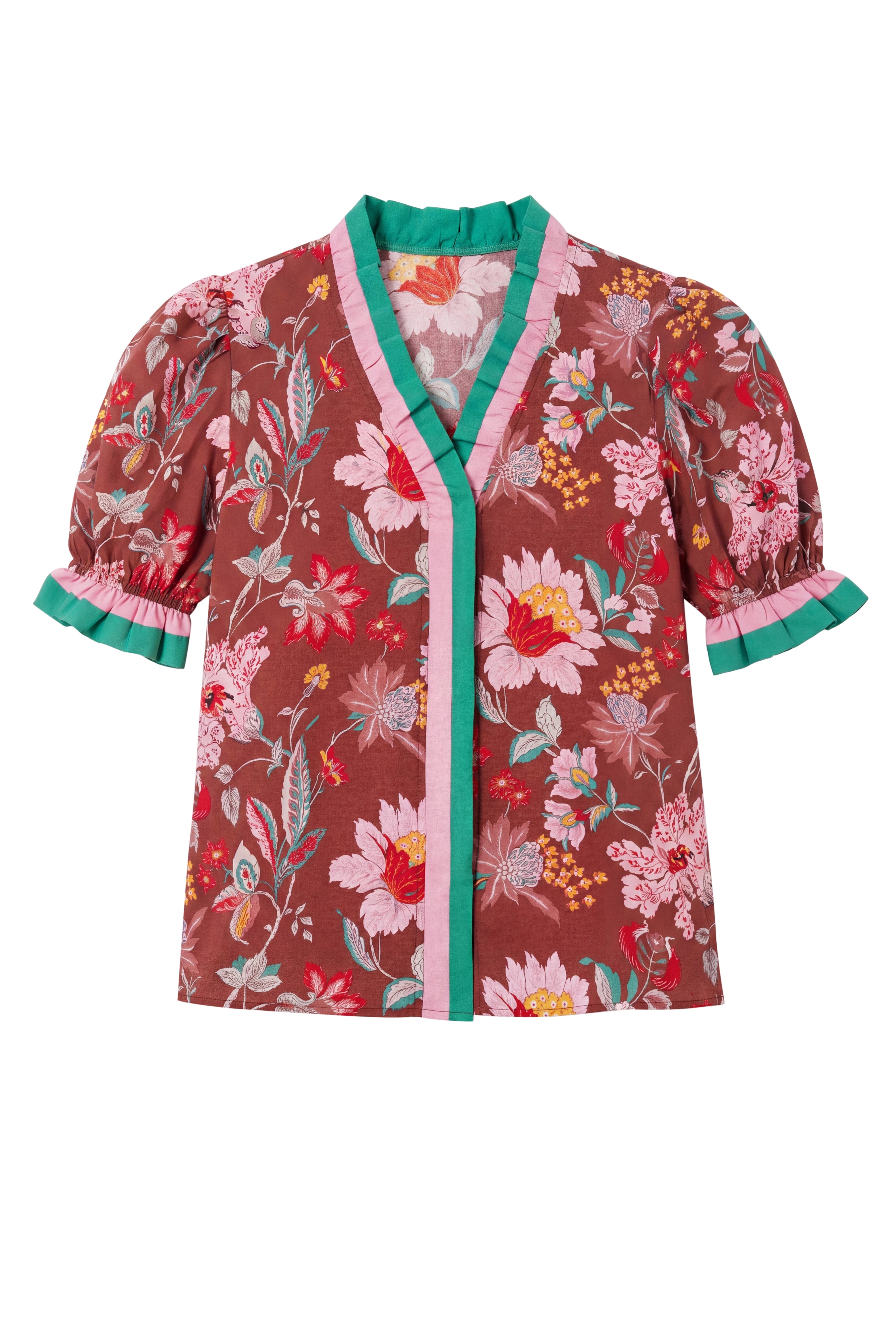 Womens Brown Floral Puff Short Sleeve Tops  | CicyBell