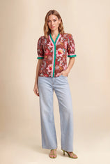 Womens Brown Floral Puff Short Sleeve Tops  | CicyBell