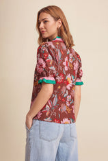 Womens Brown Floral Puff Short Sleeve Tops  | CicyBell