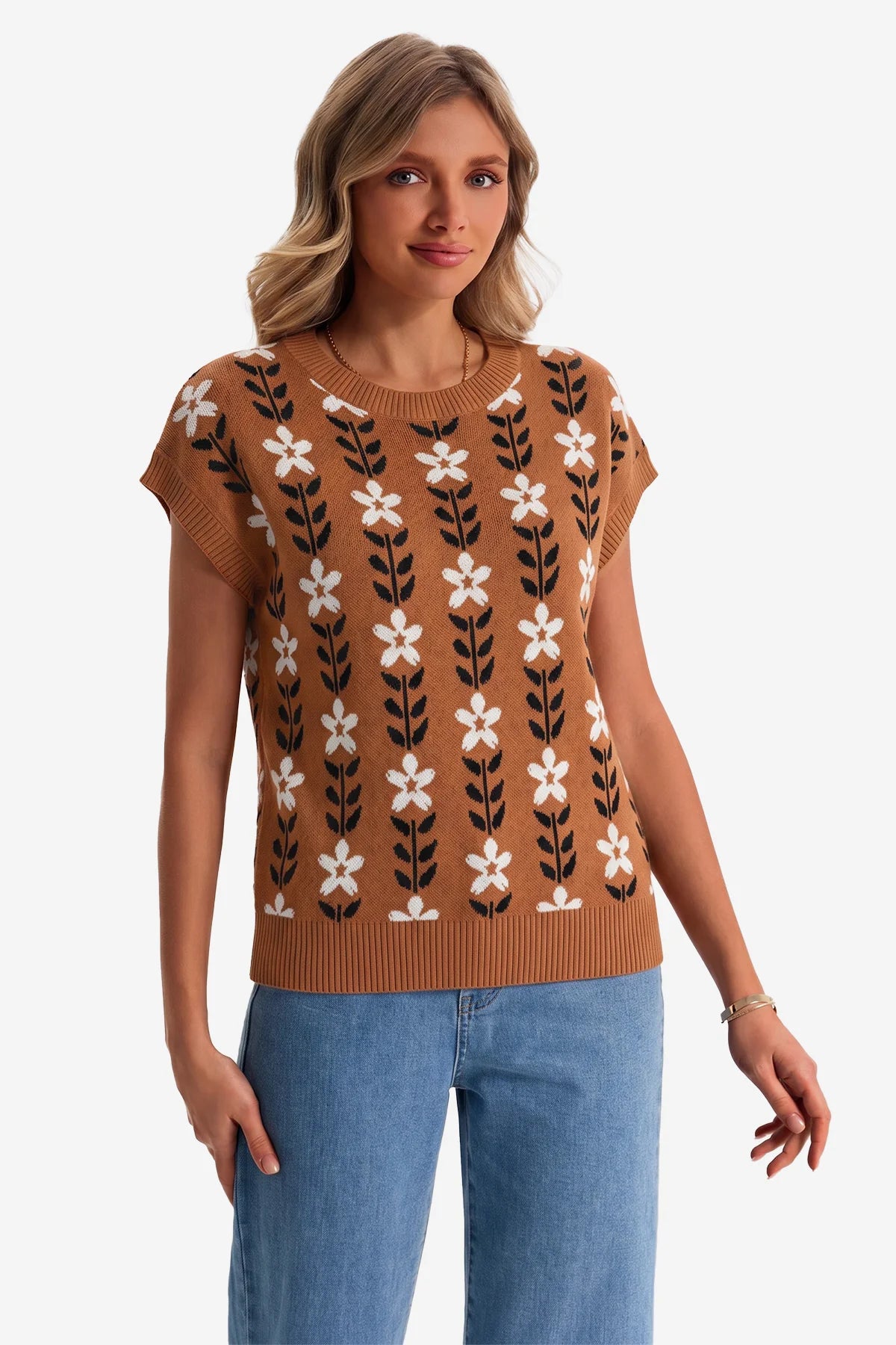 Womens Brown Flowers Cap Sleeve Sweater Tops | CicyBell