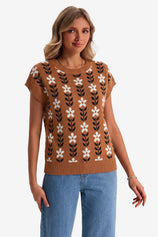 Womens Brown Flowers Cap Sleeve Sweater Tops | CicyBell