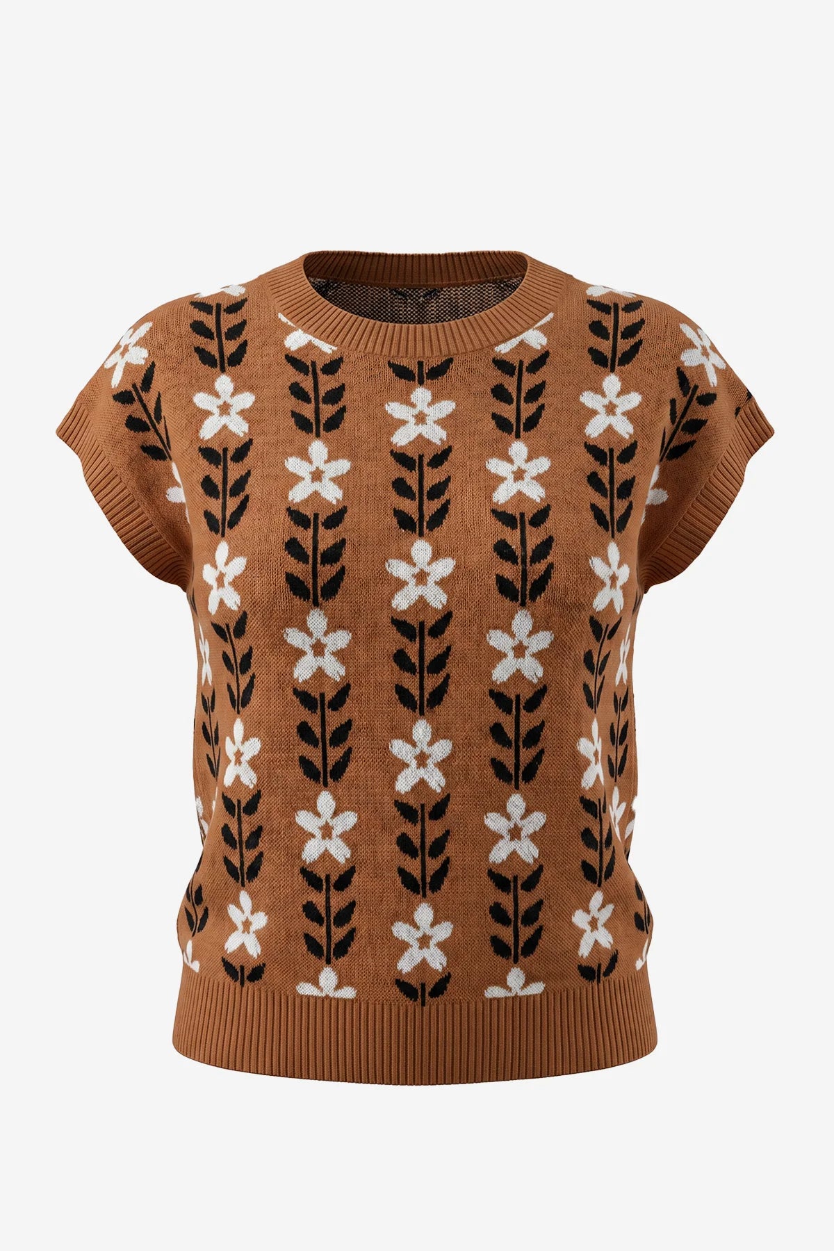 Womens Brown Flowers Cap Sleeve Sweater Tops | CicyBell