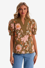 Womens Brown Print Puff Short Sleeve Blouses  | CicyBell