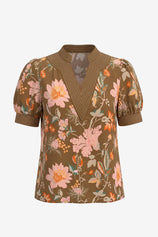 Womens Brown Print Puff Short Sleeve Blouses  | CicyBell