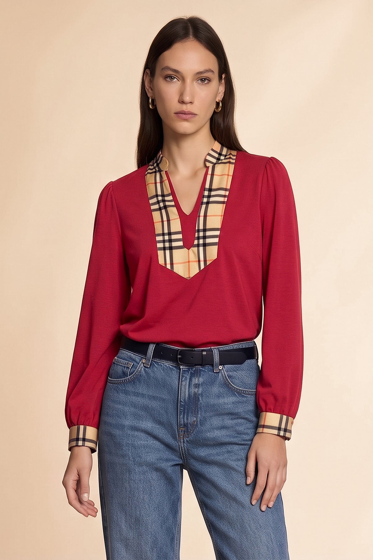Womens Burgundy Puff Long Sleeve Blouse | CicyBell